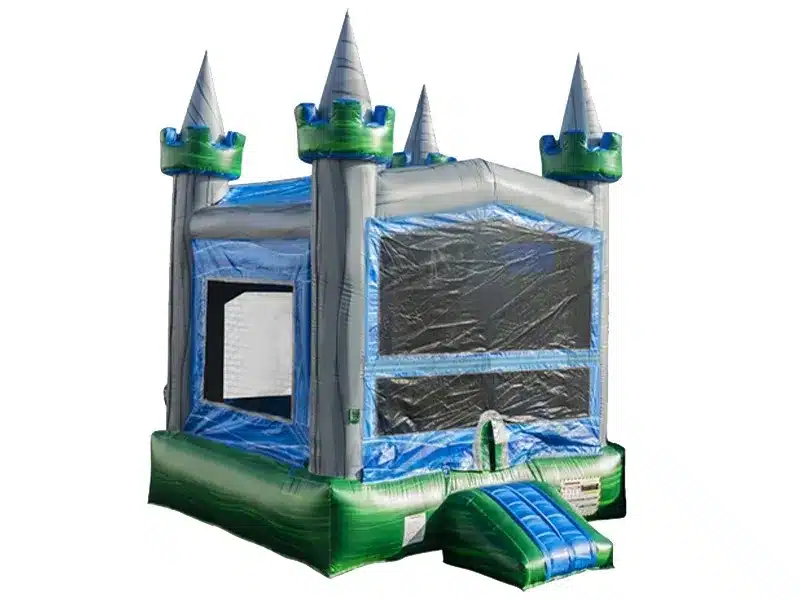 Castle-themed inflatable bounce house with turrets, vibrant blue and green design, perfect for kids' events. Buy affordable, high-quality online today!