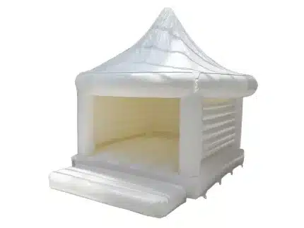 Elegant white inflatable bounce house with a canopy design, perfect for weddings, parties, and events. Durable and stylish. Buy online today!