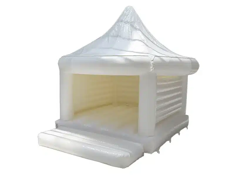 Elegant white inflatable bounce house with a canopy design, perfect for weddings, parties, and events. Durable and stylish. Buy online today!