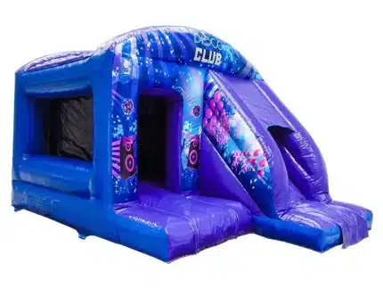 Disco-themed bounce house with slide, vibrant blue design, music graphics, and spacious interior. Perfect for parties. Buy online today!