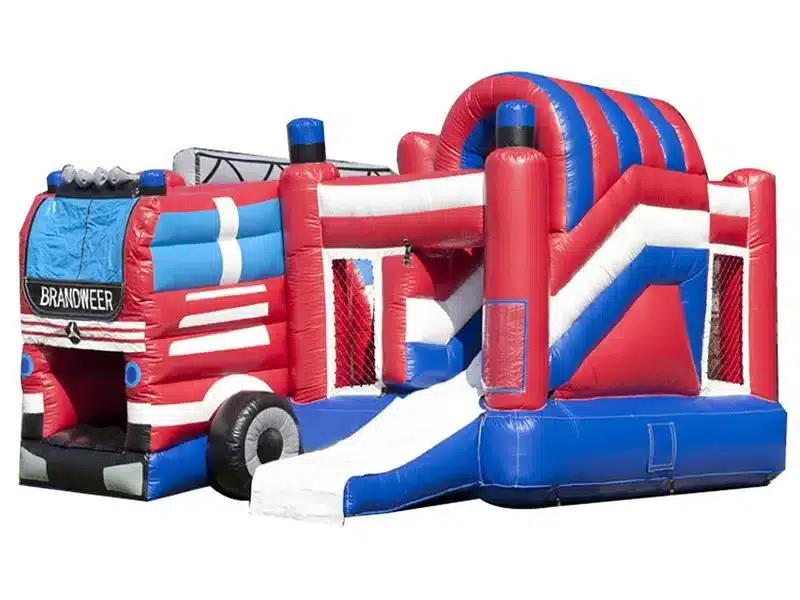 Fire truck-themed inflatable bounce house with slide, vibrant red, blue, and white design. Perfect for kids' parties. Buy online today!